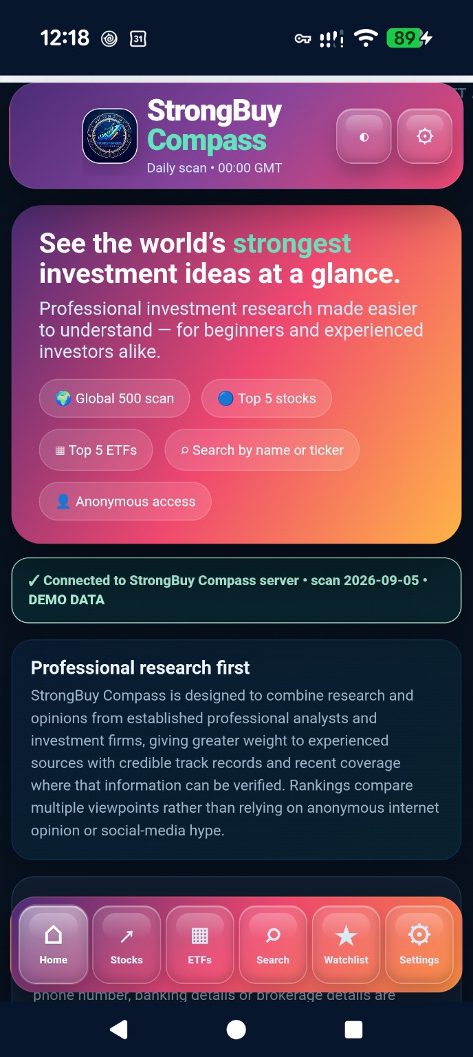 StrongBuy Compass Android prototype home screen